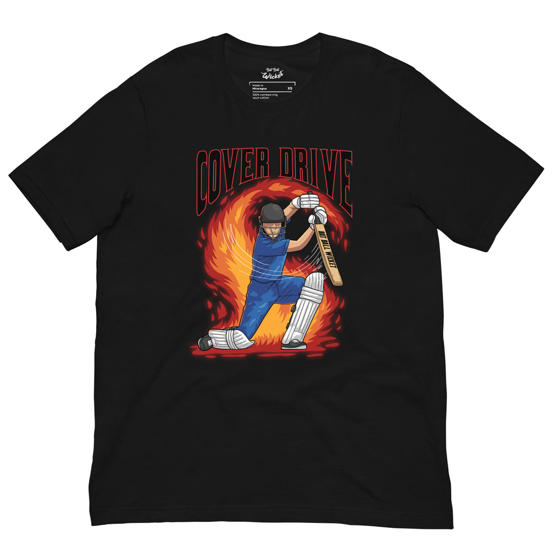 Firestorm Cover Drive cricket graphic T-shirt featuring a blue-uniformed batter swinging through a powerful shot inside swirling red, orange and yellow flames