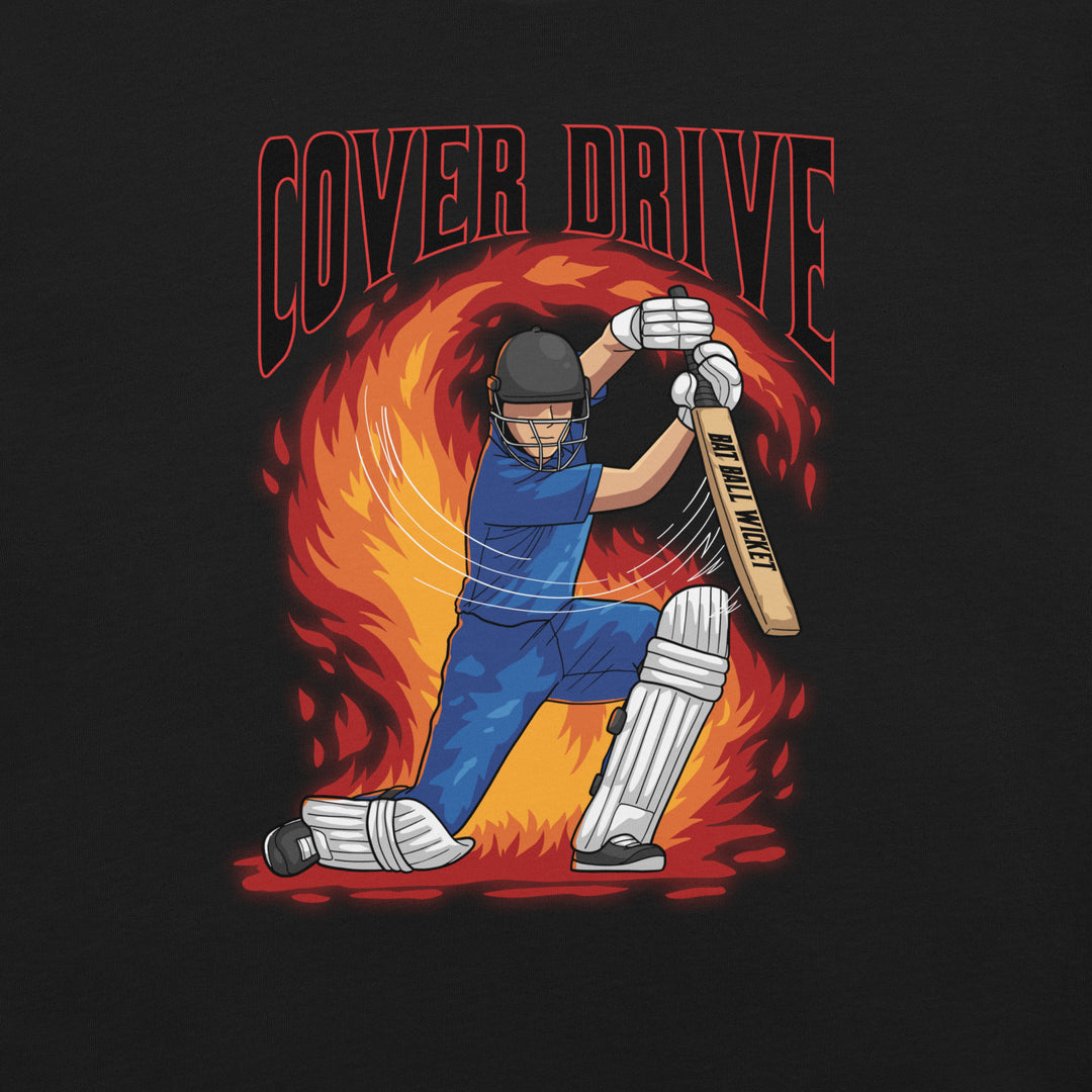 Firestorm Cover Drive cricket graphic T-shirt featuring a blue-uniformed batter swinging through a powerful shot inside swirling red, orange and yellow flames
