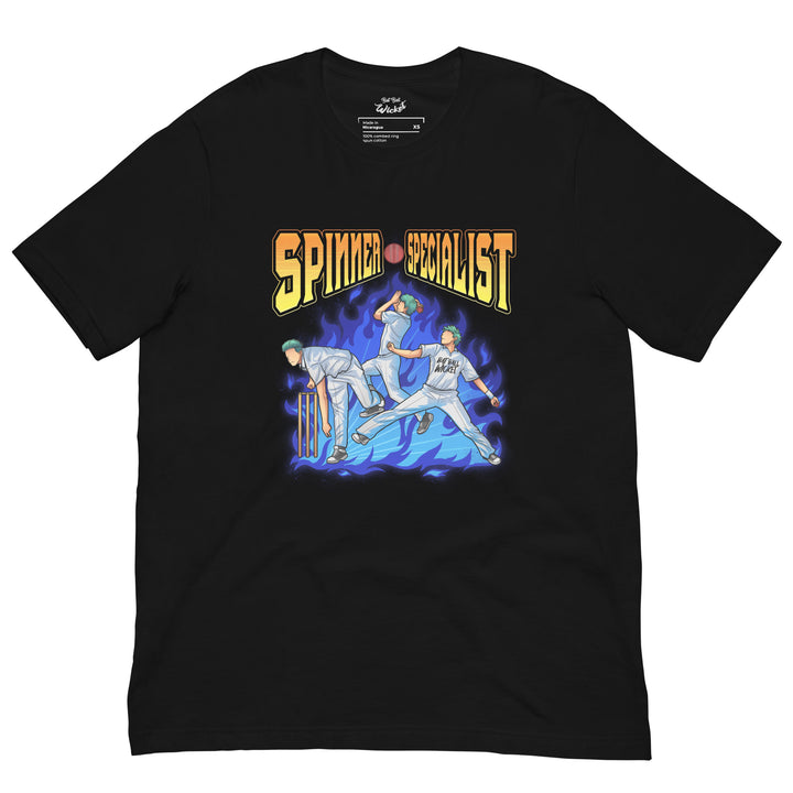 Spinner Specialist anime-inspired cricket graphic T-shirt featuring a teal-haired spin bowler in three delivery poses surrounded by blue flames and energy waves
