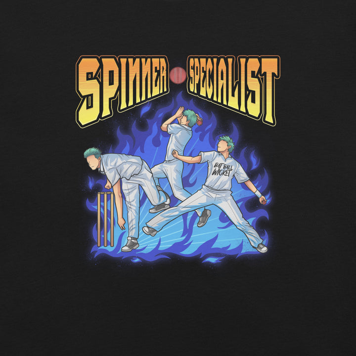 Spinner Specialist anime-inspired cricket graphic T-shirt featuring a teal-haired spin bowler in three delivery poses surrounded by blue flames and energy waves