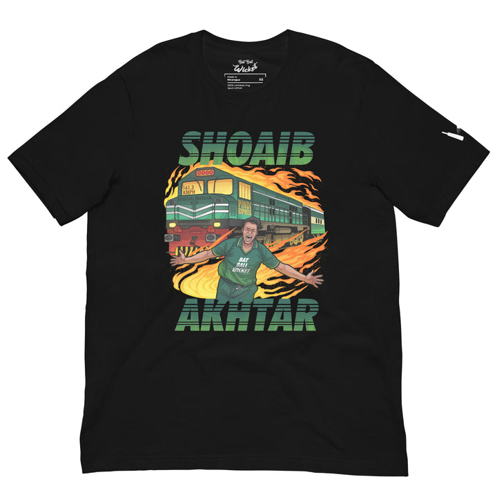 Shoaib Akhtar Pindi Express cricket T-shirt featuring the Pakistani fast bowler, a green locomotive, fiery speed trails and his record-breaking 161.3 KMPH delivery
