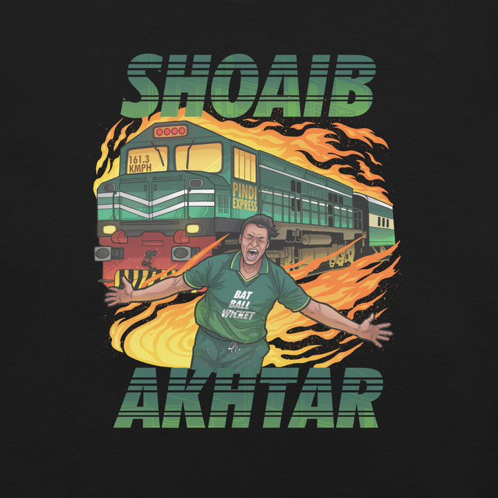 Shoaib Akhtar Pindi Express cricket T-shirt featuring the Pakistani fast bowler, a green locomotive, fiery speed trails and his record-breaking 161.3 KMPH delivery