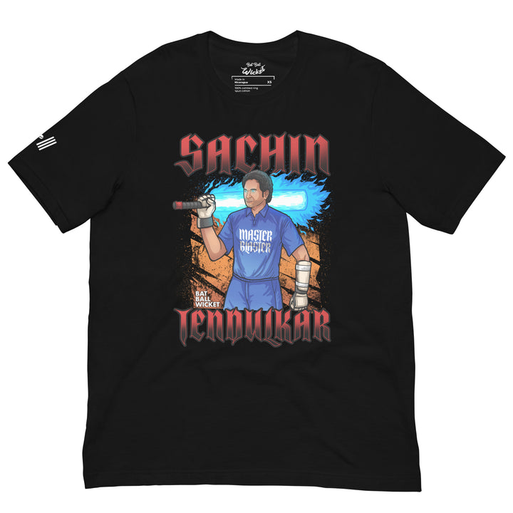 Sachin Tendulkar Master Blaster cricket T-shirt featuring the Indian batting legend holding a cricket bat with a bright blue energy trail and bold red lettering