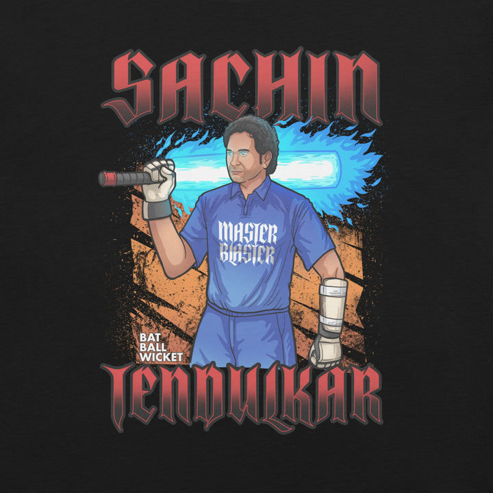 Sachin Tendulkar Master Blaster cricket T-shirt featuring the Indian batting legend holding a cricket bat with a bright blue energy trail and bold red lettering