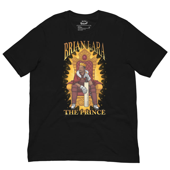 Brian Lara Prince of Port of Spain cricket T-shirt featuring the West Indies batting legend wearing a crown and seated on a golden throne with his cricket bat