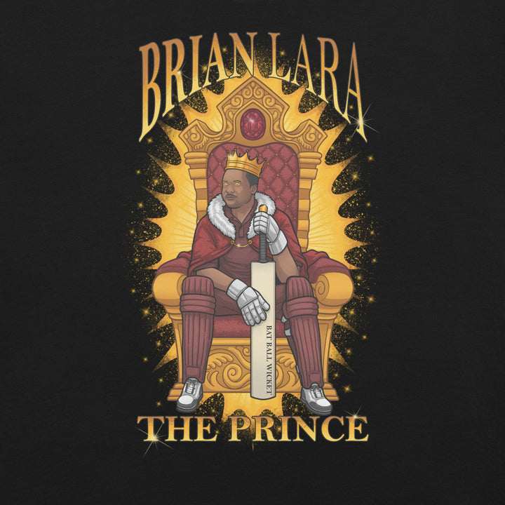Brian Lara Prince of Port of Spain cricket T-shirt featuring the West Indies batting legend wearing a crown and seated on a golden throne with his cricket bat