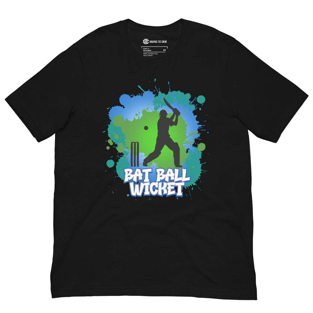 Bat Ball Wicket color splash cricket T-shirt featuring a batter silhouette, flying ball and wicket stumps against green, turquoise and blue paint splashes