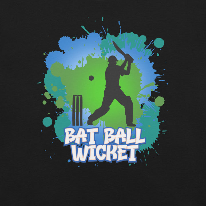 Bat Ball Wicket color splash cricket T-shirt featuring a batter silhouette, flying ball and wicket stumps against green, turquoise and blue paint splashes