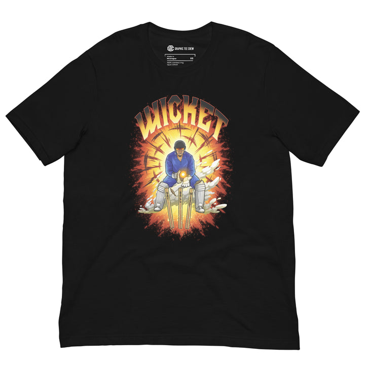 Wicket Guardian cricket T-shirt featuring a crouching wicketkeeper catching a glowing orange ball behind Bat Ball Wicket stumps with an explosive sunburst