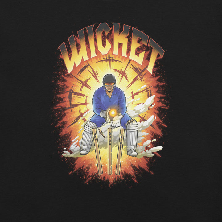Wicket Guardian cricket T-shirt featuring a crouching wicketkeeper catching a glowing orange ball behind Bat Ball Wicket stumps with an explosive sunburst