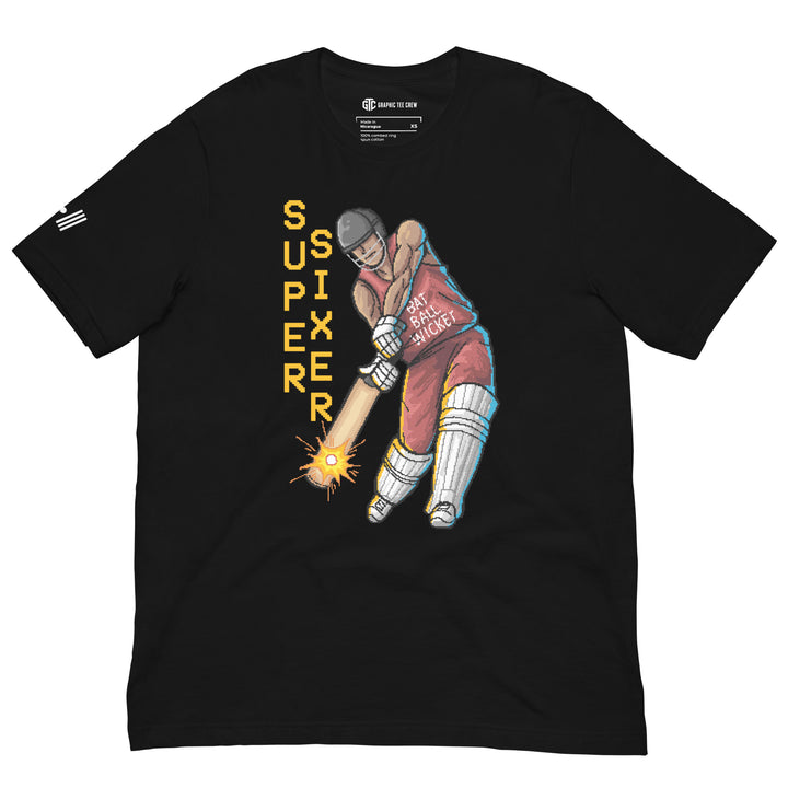 Super Sixer retro cricket T-shirt featuring a pixel-art batsman striking a glowing ball with stacked yellow lettering