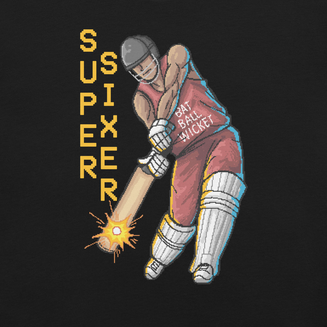 Super Sixer retro cricket T-shirt featuring a pixel-art batsman striking a glowing ball with stacked yellow lettering