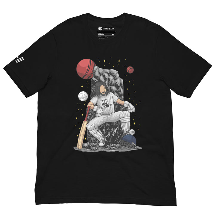 King of the Crease cricket T-shirt featuring a cricketer seated on a stone throne with orbiting cricket balls, a bat and helmet
