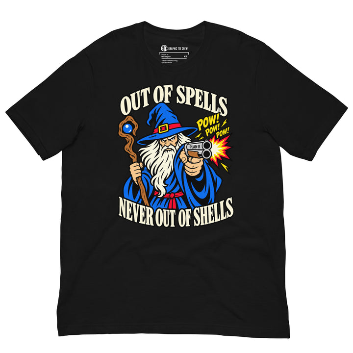 Out of Spells Never Out of Shells funny wizard T-shirt with blue fantasy graphic