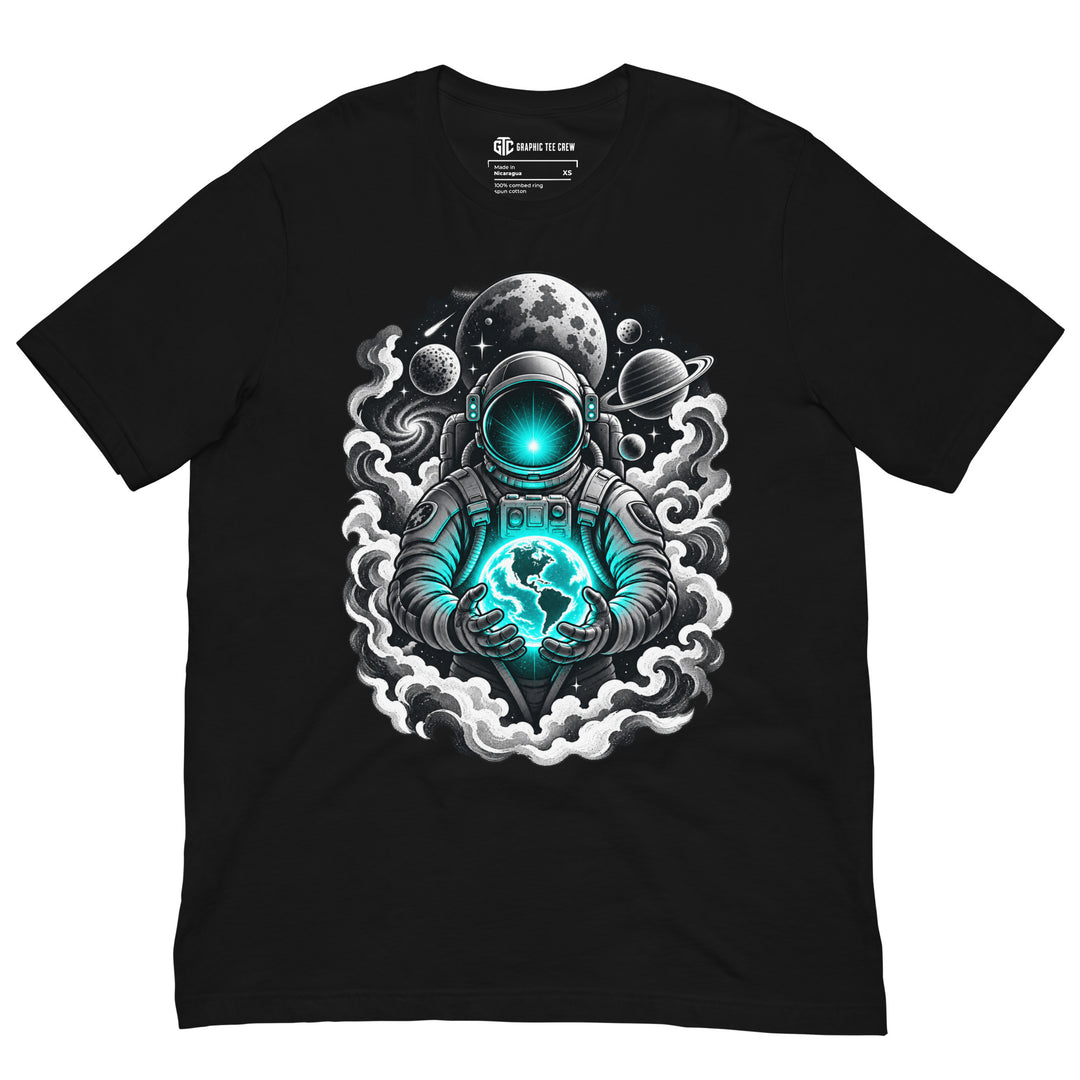 Black Cosmic Cargo T-shirt featuring an astronaut holding a glowing teal Earth, surrounded by planets, stars and clouds.