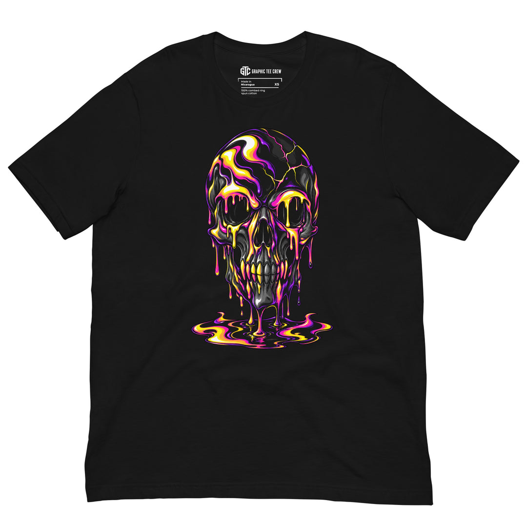 Black Neon Meltdown Purple T-shirt featuring a melting skull with purple, pink and yellow details above a rippling pool.