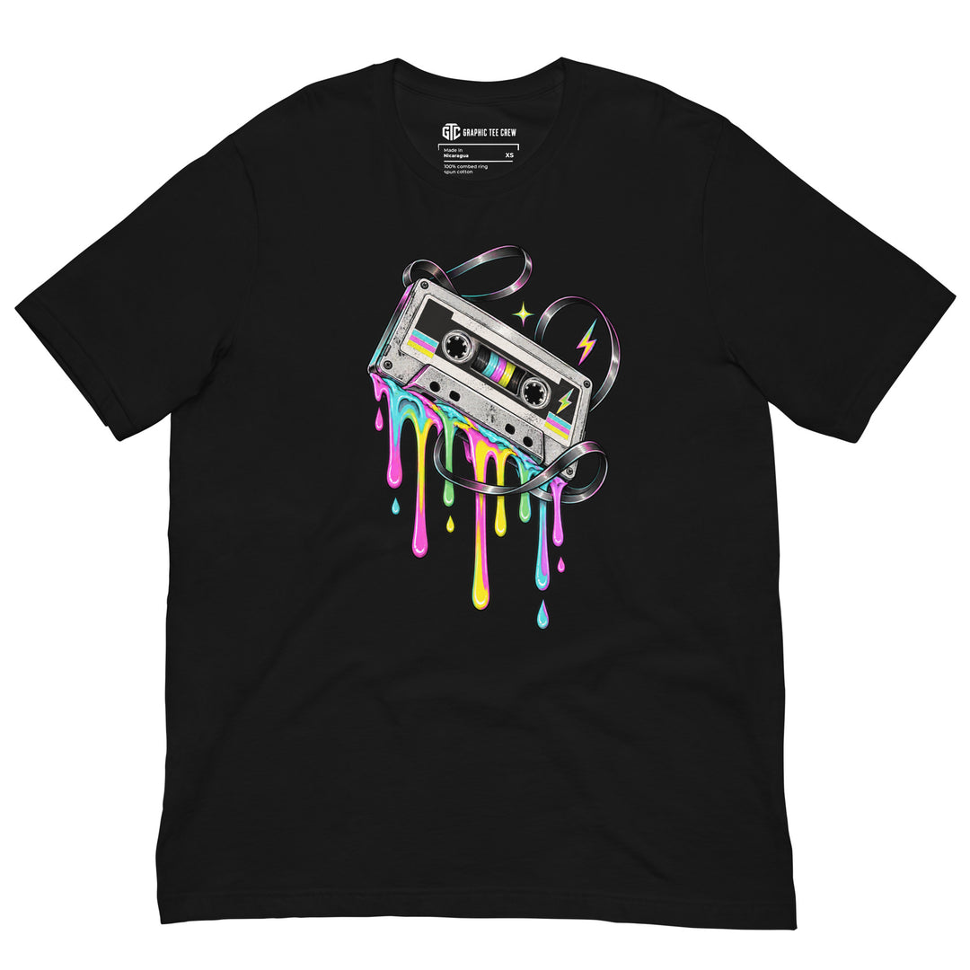 Black Mixtape Meltdown T-shirt featuring a retro cassette with looping tape and pink, teal, green and yellow paint-like drips