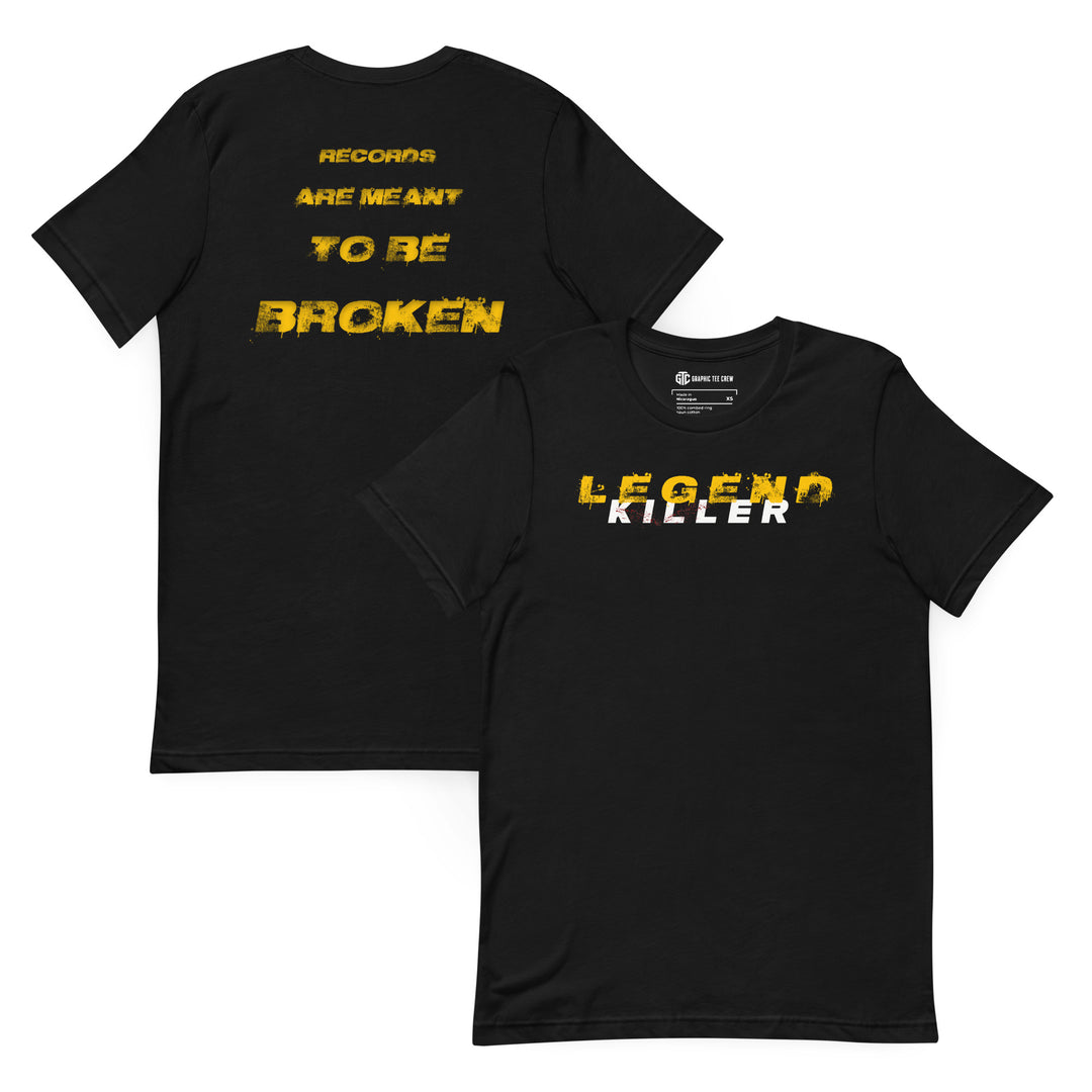 Legend Killer black graphic T-shirt with distressed front and back typography designs