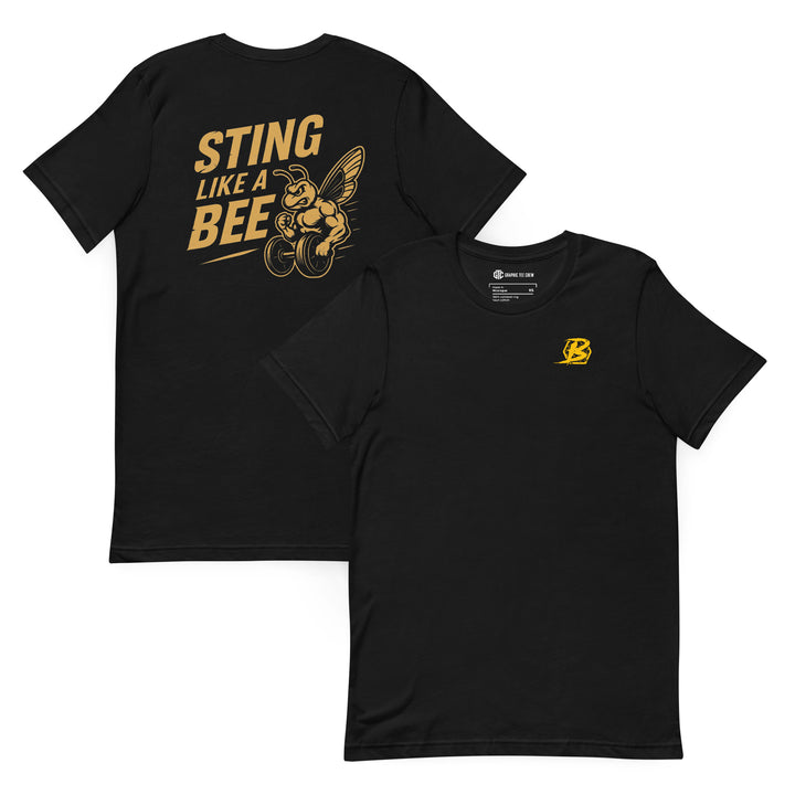 Beezerk Sting Like a Bee gym T-shirt with a small front chest logo and muscular weightlifting bee graphic printed on the back
