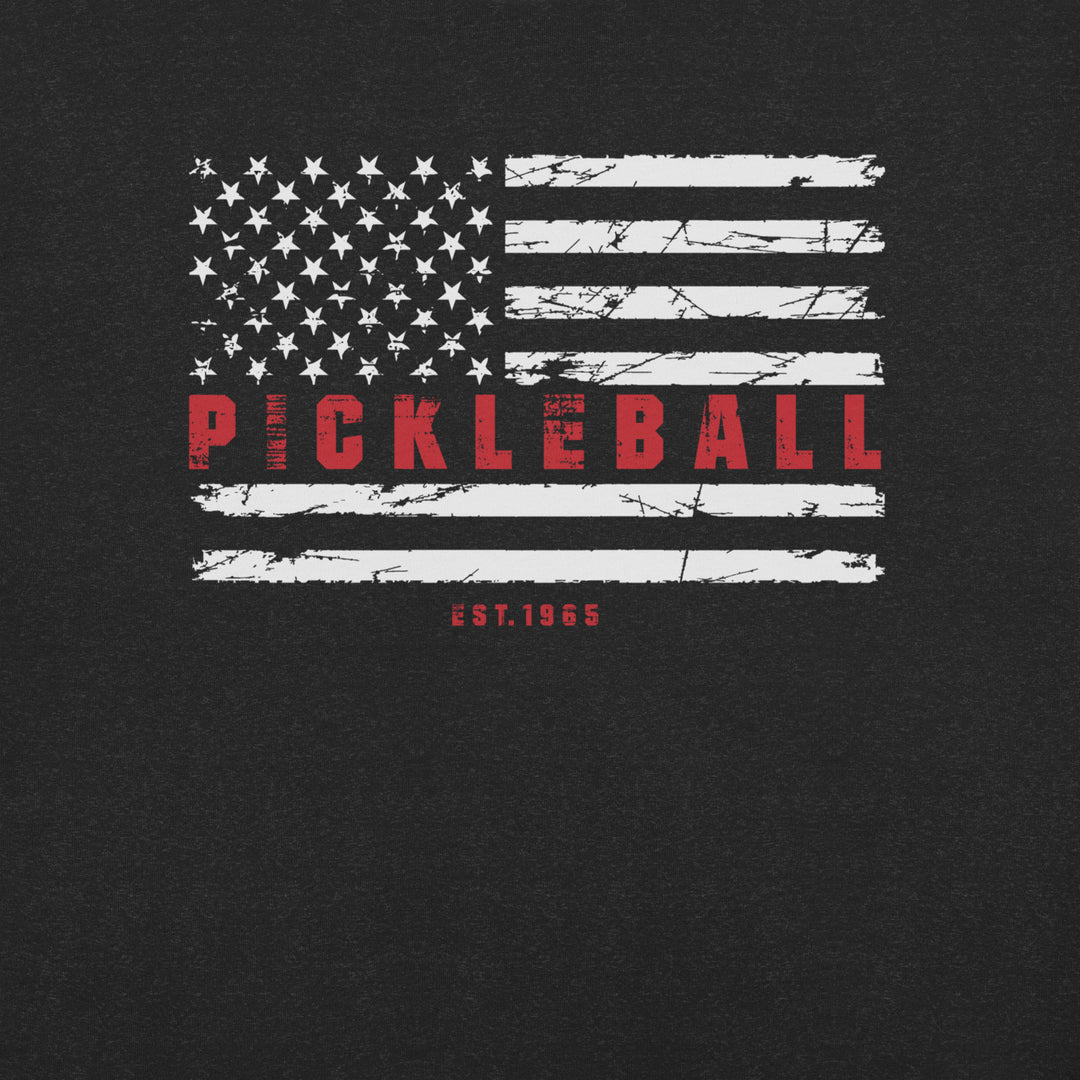 Black Heather Pickleball American flag T-shirt with distressed white stars and stripes, red Pickleball lettering and Est. 1965 detail