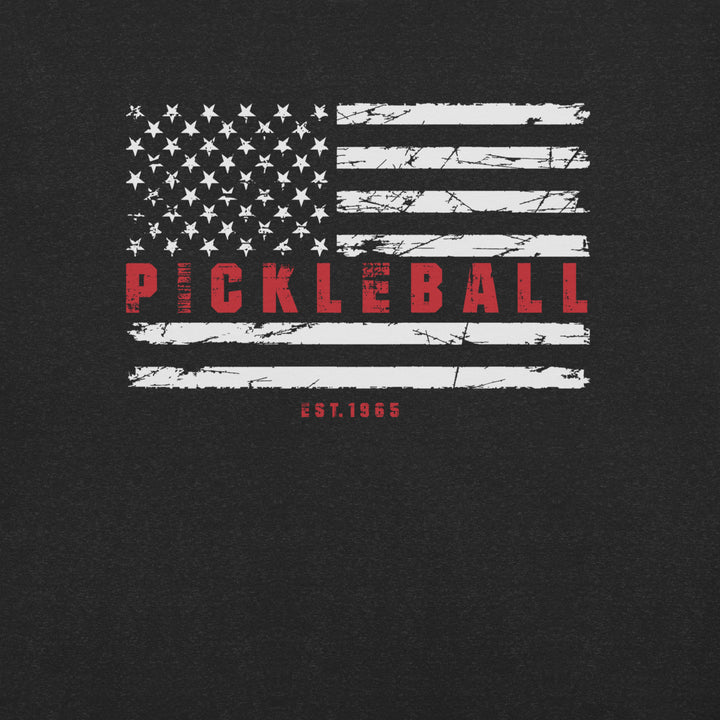 Black Heather Pickleball American flag T-shirt with distressed white stars and stripes, red Pickleball lettering and Est. 1965 detail