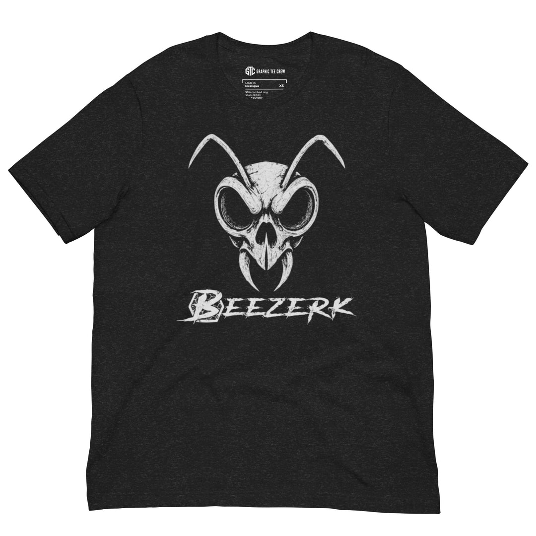 Beezerk Death Sting black heather gym T-shirt featuring a distressed white skull bee emblem with antennae and fang-like mandibles