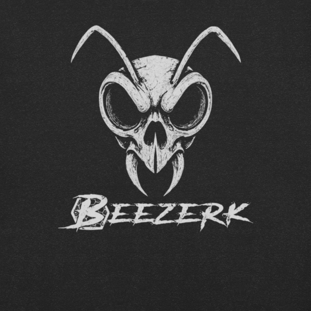 Beezerk Death Sting black heather gym T-shirt featuring a distressed white skull bee emblem with antennae and fang-like mandibles