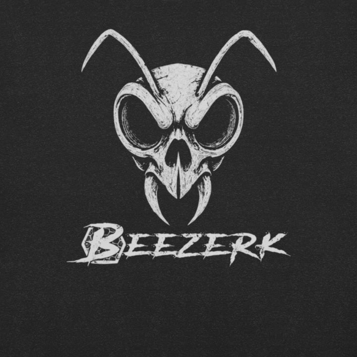 Beezerk Death Sting black heather gym T-shirt featuring a distressed white skull bee emblem with antennae and fang-like mandibles