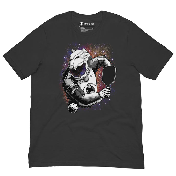 Cosmic Smash sci-fi pickleball graphic T-shirt featuring an armored cosmic creature holding a paddle against a colorful galaxy background