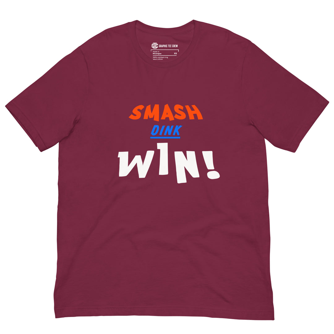 Smash Dink Win pickleball graphic T-shirt featuring bold stacked orange, blue and white sports lettering
