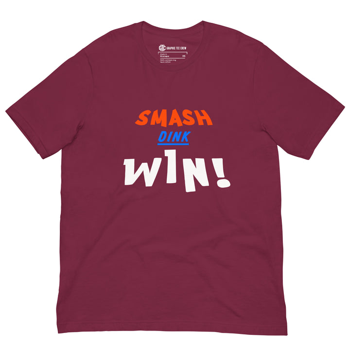 Smash Dink Win pickleball graphic T-shirt featuring bold stacked orange, blue and white sports lettering