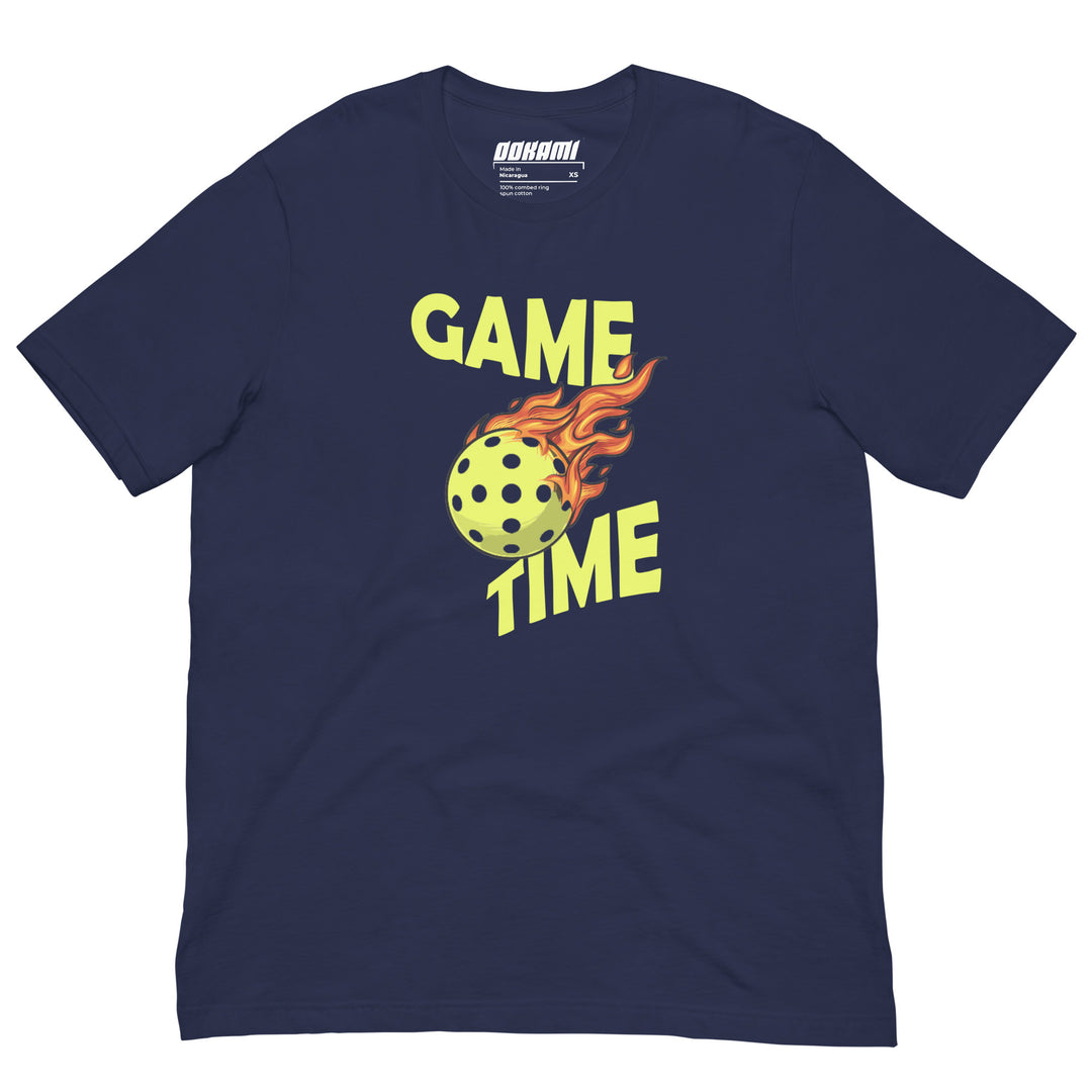 Game Time pickleball graphic T-shirt featuring a flaming pickleball design