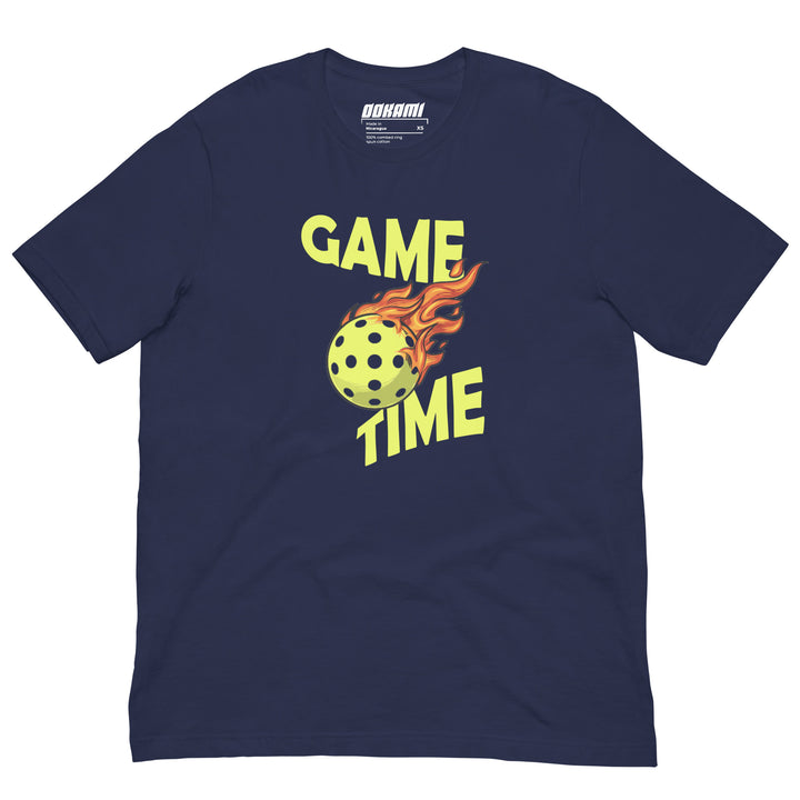 Game Time pickleball graphic T-shirt featuring a flaming pickleball design