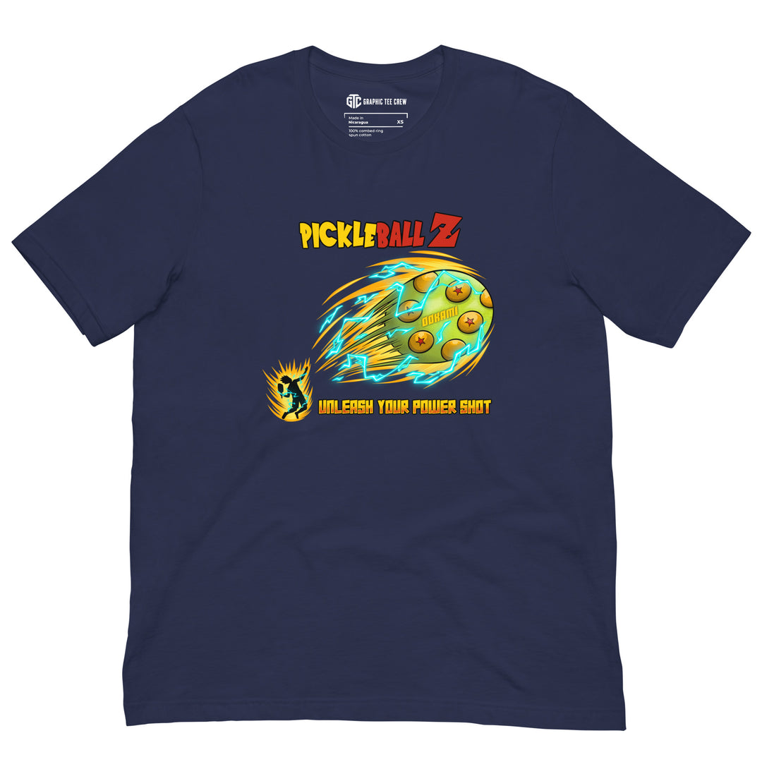 Pickleball Z anime-inspired graphic T-shirt featuring a flaming power-shot pickleball design Dragonball Z