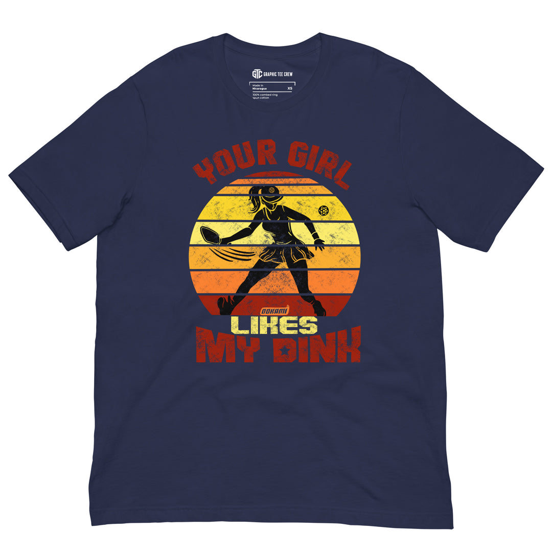 Your Girl Likes My Dink funny pickleball graphic T-shirt with retro player design