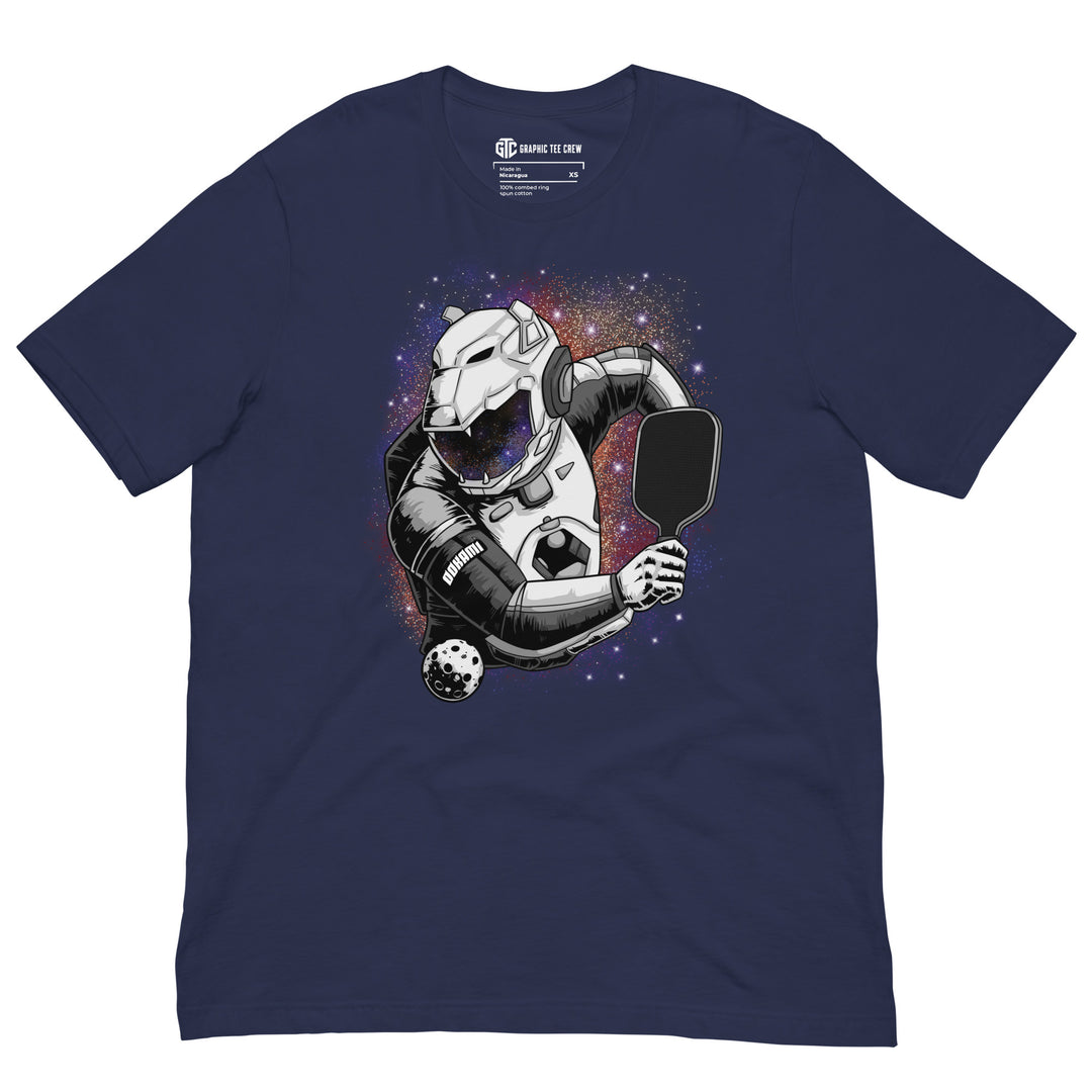Cosmic Smash sci-fi pickleball graphic T-shirt featuring an armored cosmic creature holding a paddle against a colorful galaxy background