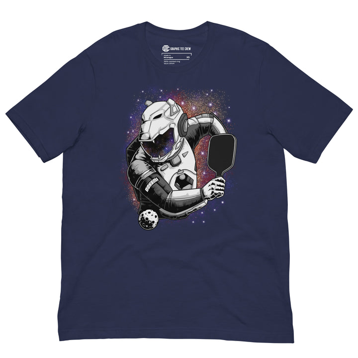 Cosmic Smash sci-fi pickleball graphic T-shirt featuring an armored cosmic creature holding a paddle against a colorful galaxy background