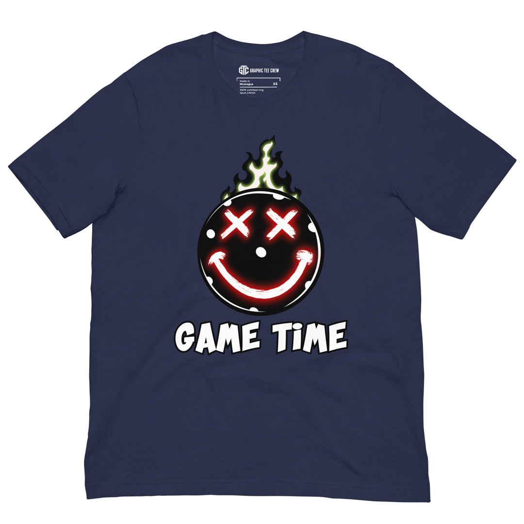 Game Time flaming pickleball graphic T-shirt featuring glowing red X-shaped eyes, a smiling face and green flames