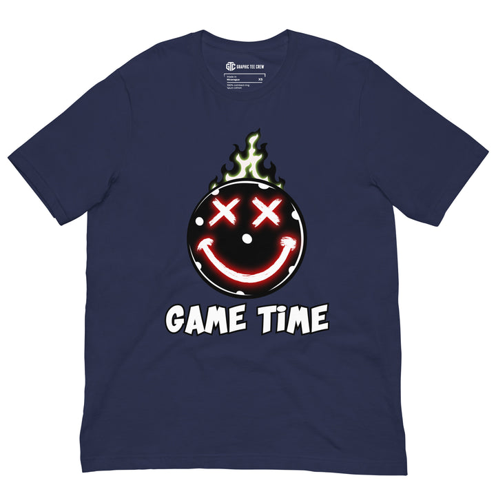 Game Time flaming pickleball graphic T-shirt featuring glowing red X-shaped eyes, a smiling face and green flames
