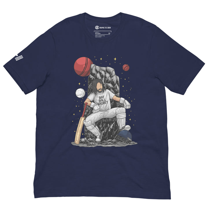 King of the Crease cricket T-shirt featuring a cricketer seated on a stone throne with orbiting cricket balls, a bat and helmet
