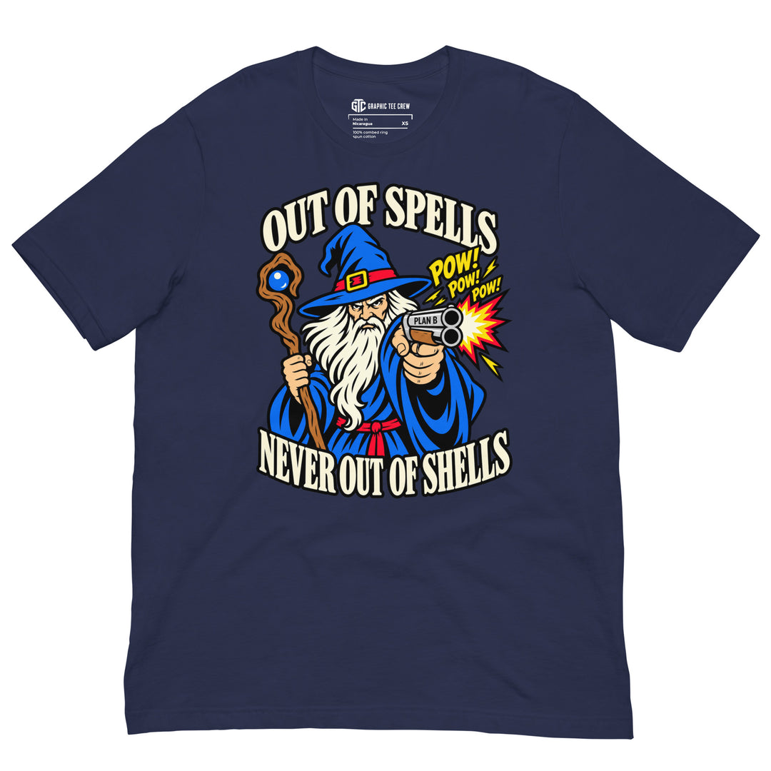 Out of Spells Never Out of Shells funny wizard T-shirt with blue fantasy graphic