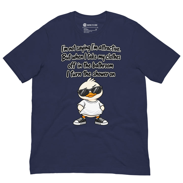 Navy T-shirt featuring a cartoon duck in sunglasses beneath the “I’m Not Saying I’m Attractive” shower joke.