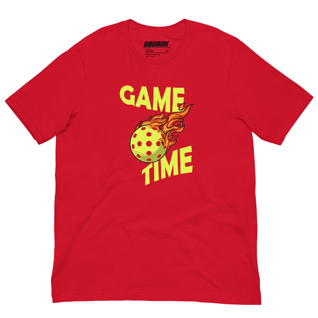 Game Time pickleball graphic T-shirt featuring a flaming pickleball design