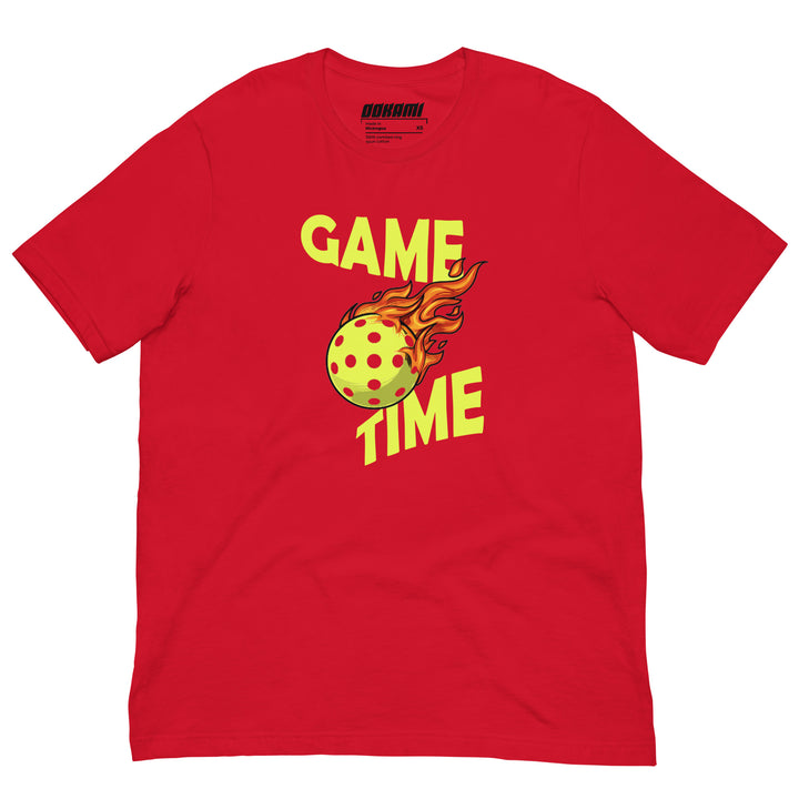 Game Time pickleball graphic T-shirt featuring a flaming pickleball design
