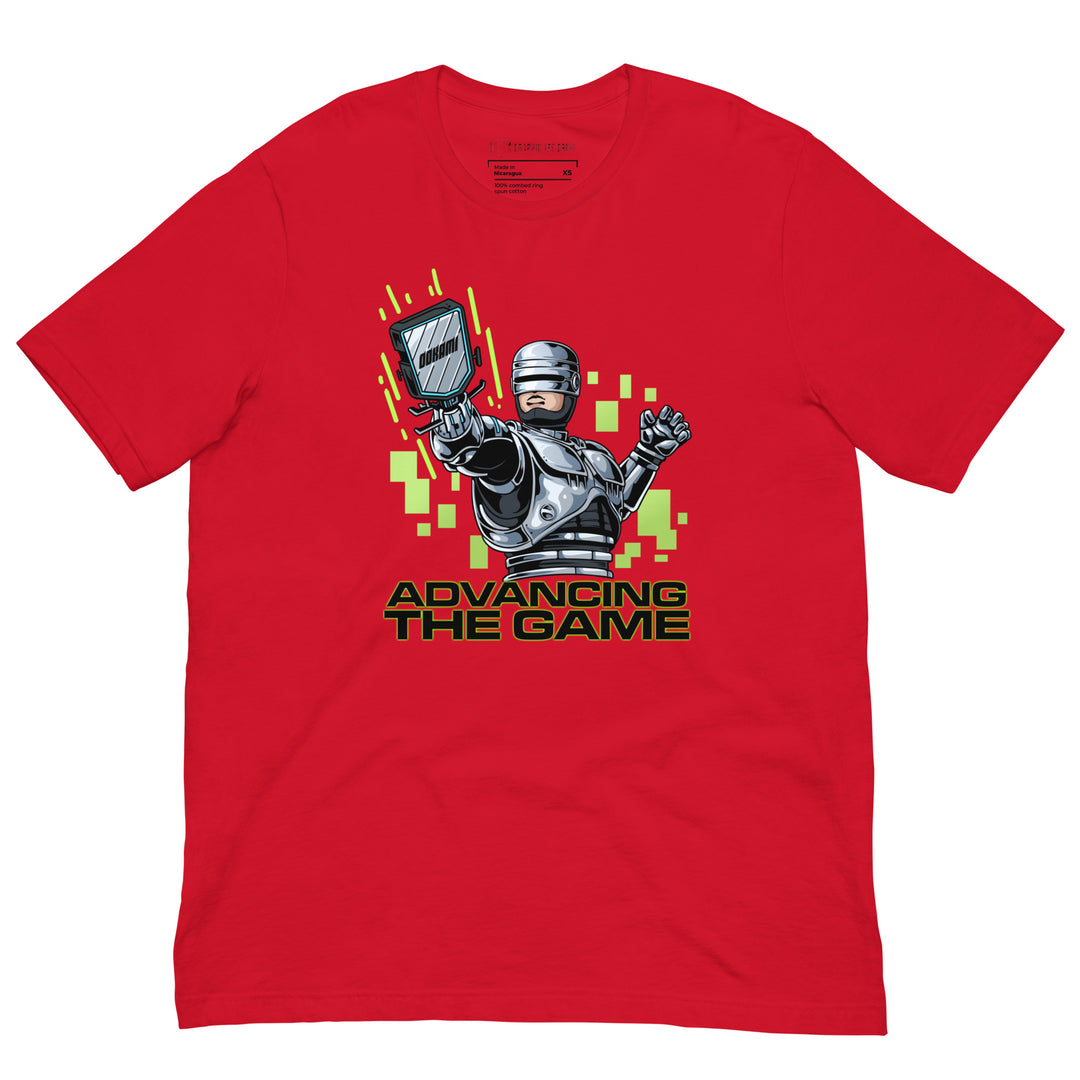 Advancing the Game 80s-inspired  Robocop pickleball T-shirt featuring an armored retro robot holding a paddle with neon-green digital graphics