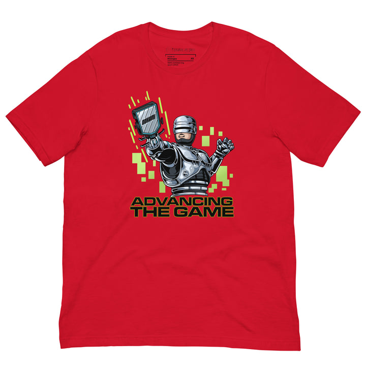 Advancing the Game 80s-inspired  Robocop pickleball T-shirt featuring an armored retro robot holding a paddle with neon-green digital graphics