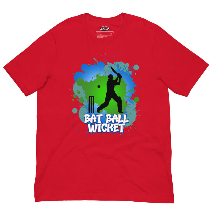 Bat Ball Wicket color splash cricket T-shirt featuring a batter silhouette, flying ball and wicket stumps against green, turquoise and blue paint splashes