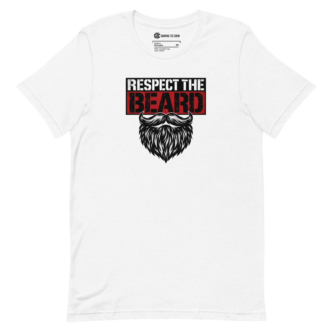 White Respect the Beard T-shirt with distressed lettering, a red panel and a black beard and curled mustache graphic.