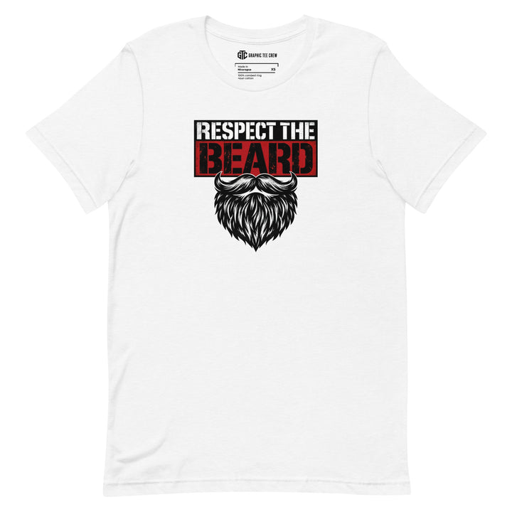White Respect the Beard T-shirt with distressed lettering, a red panel and a black beard and curled mustache graphic.