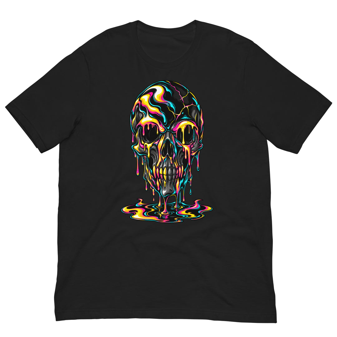 Vintage black Neon Meltdown Cyan T-shirt featuring a skull dripping yellow, pink, cyan and green into a swirling pool.